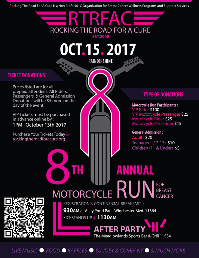 Rocking The Road for A Cure 8th Annual Motorcycle Run for Breast Cancer - From Alley Pond Park to The Meadowlands Sports Bar and Grill - October 15th - Rain Or Shine