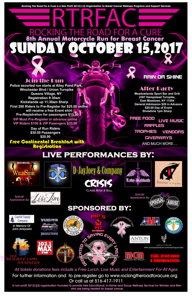 Motorcycle Run for Breast Cancer - Live Rock and Roll Bands - Live DJ - Lunch, Raffles, and Vendors - Alley Pond Park, Queens to East Meadow, NY - Oct 15th 2017 - Alley Pond Park Queens to Meadowlands Sports Bar and Restaurant East Meadow New York