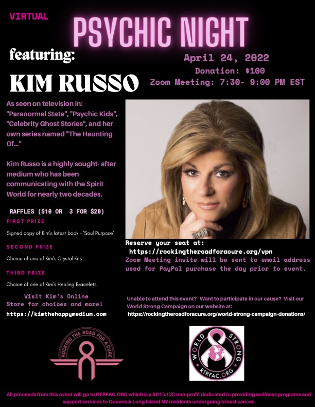 Flyer(jpeg format) for Virtual Psychic Night with Kim Russo