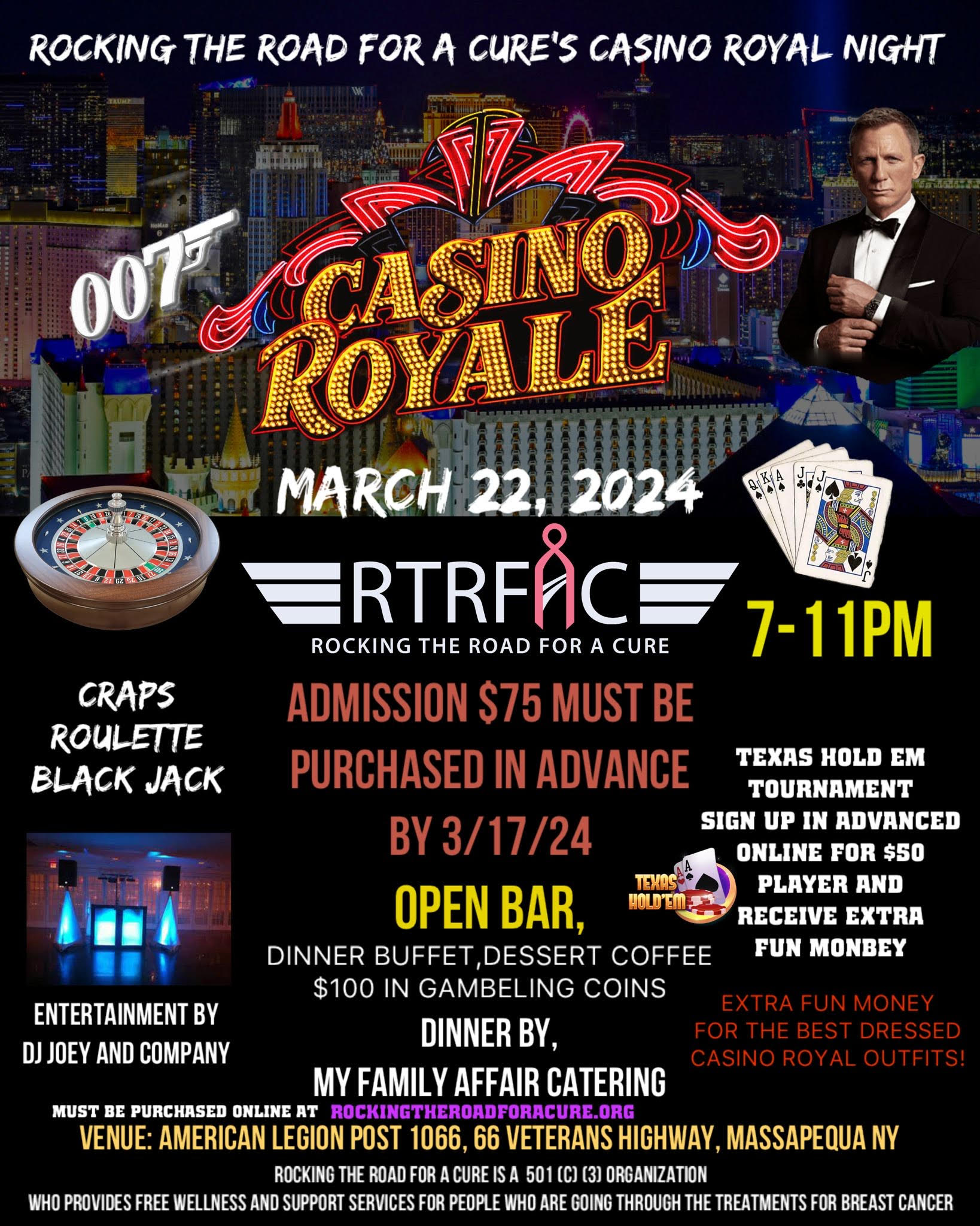Flyer for Rocking The Road For A Cure's Casino Royale Night Fundraiser
